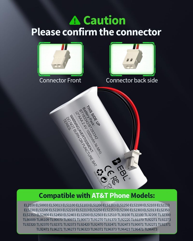 EBL BT162342/BT262342 2.4V 1000mAh Ni-MH Battery Compatible for BT183342/BT283342 BT166342/BT266342 VTech CS6114 CS6419 CS6719 at&T EL52300 CL80111 Cordless Phone (Pack of 4) White - Image 3
